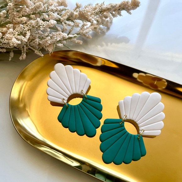 Handmade Modern Clay Earrings | Green & White | 14k Gold Plated Stainless Steel - Picture 4 of 4